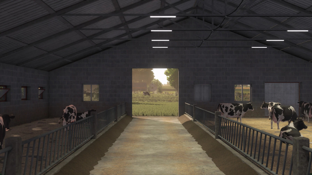 Inside view of a dairy barn with cows, part of the Farming Simulator 25 mods, Polish Cowshed v1.0.0.0.