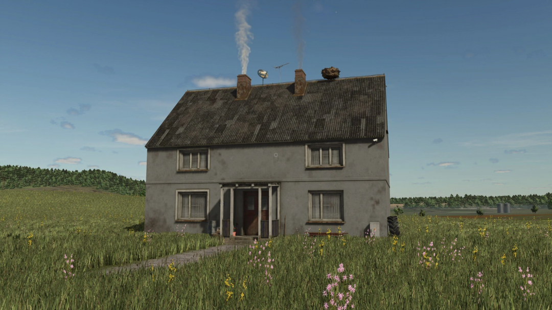Farming Simulator 25 mod: A weathered Polish House with chimneys and a lush field in front, part of FS25 mods collection.