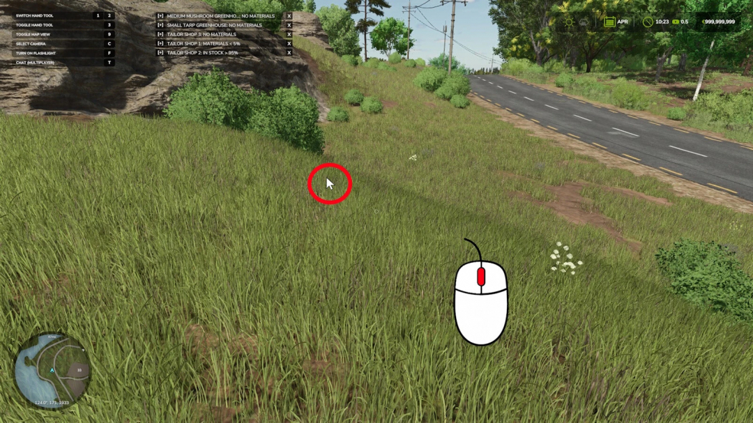 In Farming Simulator 25, a grassy roadside with a mouse cursor and an overlay menu for vehicle controls, illustrating FS25 mods like Production Watcher v1.0.0.0.