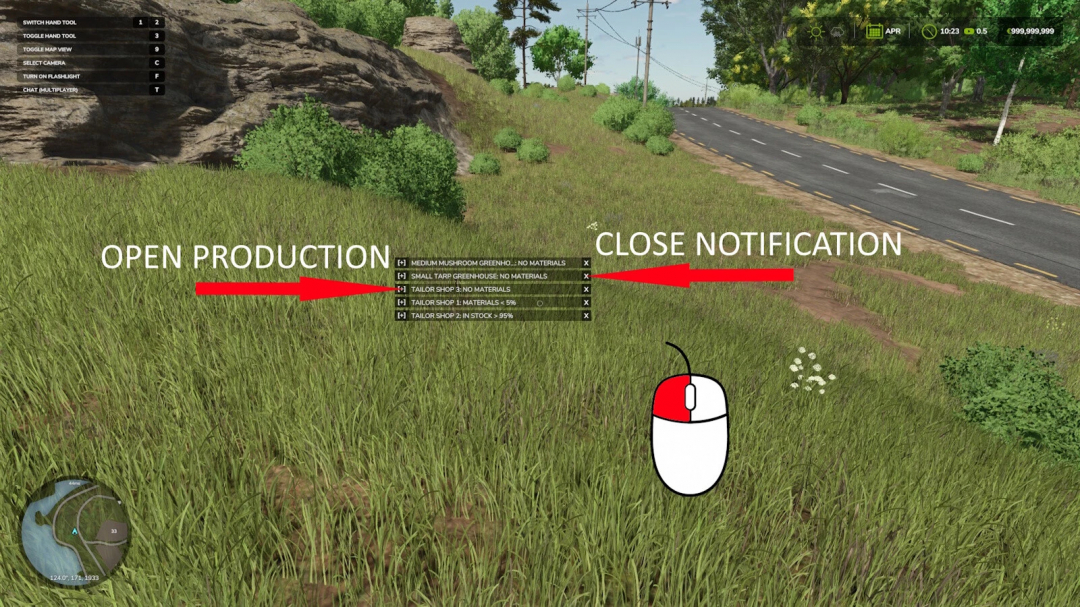 Farming Simulator 25 mod screenshot showing production notification in a grassy field with road in background, titled 'Production Watcher v1.0.0.0'.