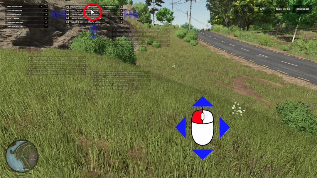 Screenshot from Farming Simulator 25 showing the Production Watcher mod interface with crop and shop management overlays.