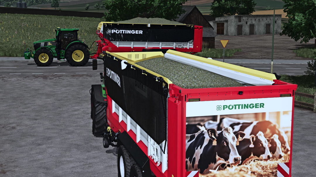 Farming Simulator 25 mod featuring a Pöttinger JUMBO 8450 DB+ forage wagon with cow images, attached to a tractor.