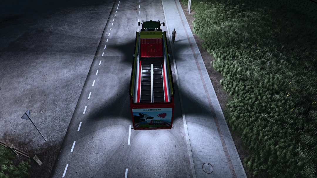 Farming Simulator 25 mod: Pöttinger Jumbo 8450 DB+ hay collector trailer on the road at night.