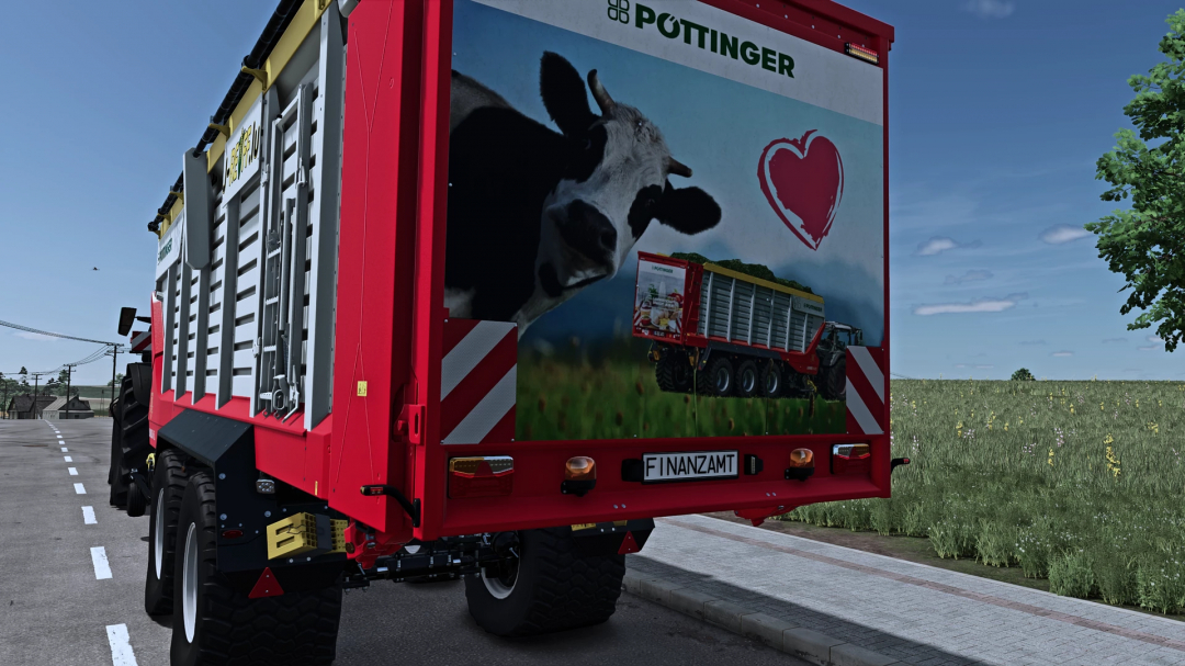 Farming Simulator 25 mod showcasing a Pöttinger Jumbo 8450 DB+ with a heart-themed cow billboard.