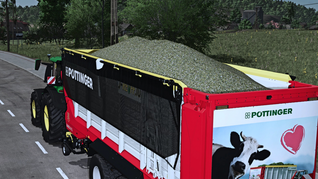 Farming Simulator 25 mod: Pöttinger Jumbo 8450 DB+ silage trailer filled with grass, featuring Pöttinger branding and a cow illustration.