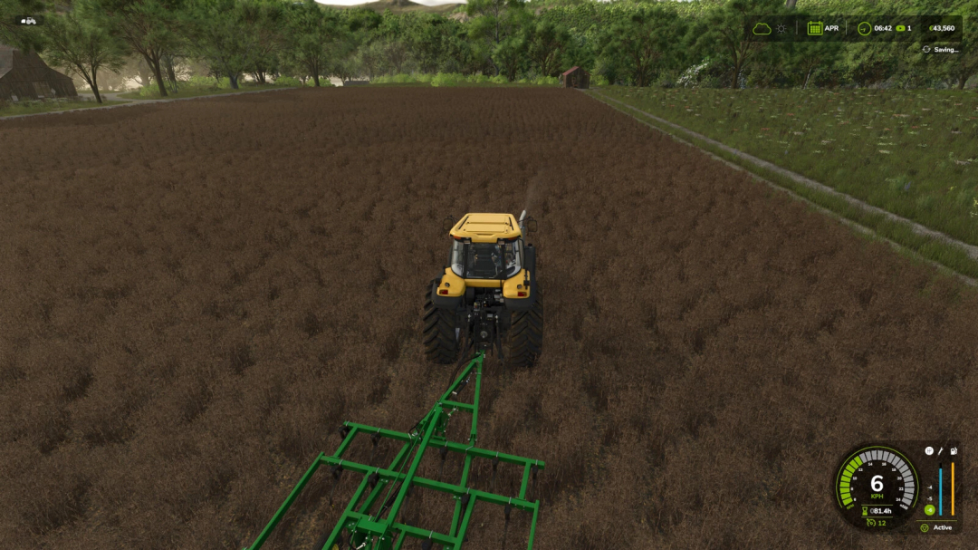 Farming Simulator 25 mod: tractor using a green implement on a brown field in a countryside setting, showing real autosave feature.