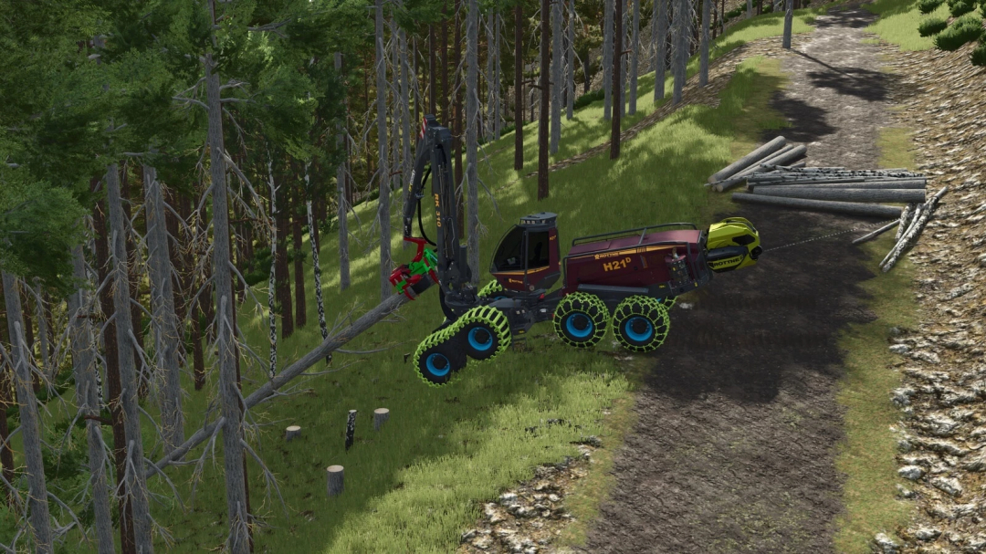 Farming Simulator 25 mod: Rottne H21D logging harvester cutting a tree in the forest.