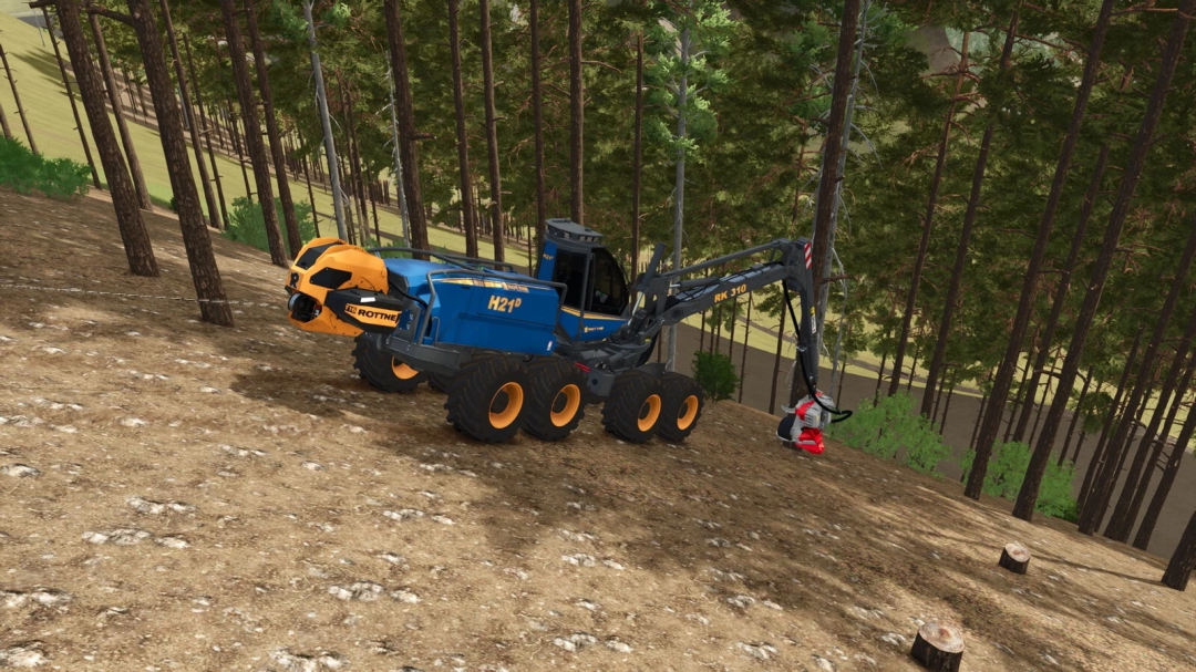 Farming Simulator 25 mod featuring the Rottne H21D logging harvester in a forest environment.