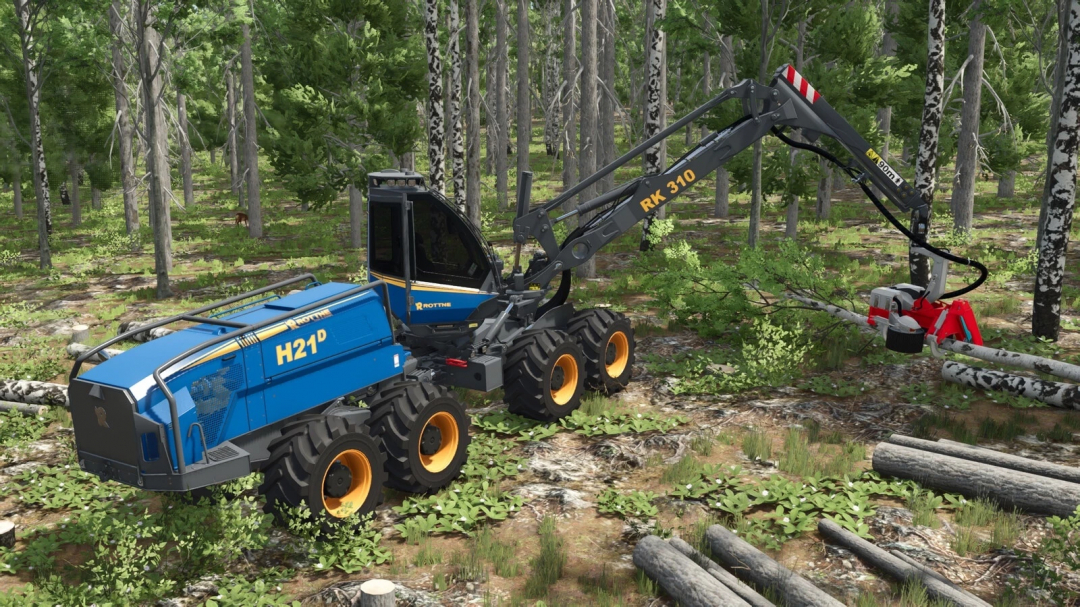 Farming Simulator 25 mod: Rottne H21D logging harvester working in a forest, cutting trees with a red harvester head attachment.