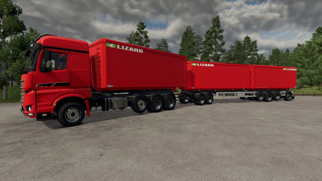 Red FS25 mod truck with Lizard container trailers in Farming Simulator 25.