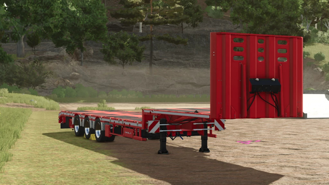 Red Schwarzmueller Trailer Pack 1.1.0.0 by Farming Simulator 25 mods, with multiple axles and hydraulic lift for versatile farm transport.