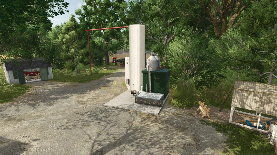 Farming Simulator 25 mod: Seeds Production S v1.0.0.0, a realistic seed production facility near trees and farm structures.