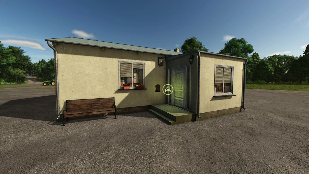 Farming Simulator 25 mod: Single Family Farmhouse v1.0.0.0, small rural house with windows, door, and outdoor bench, set in a farm environment.
