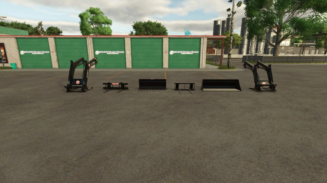 Farming Simulator 25 mods showing various Stoll frontloader tools in front of a green building.