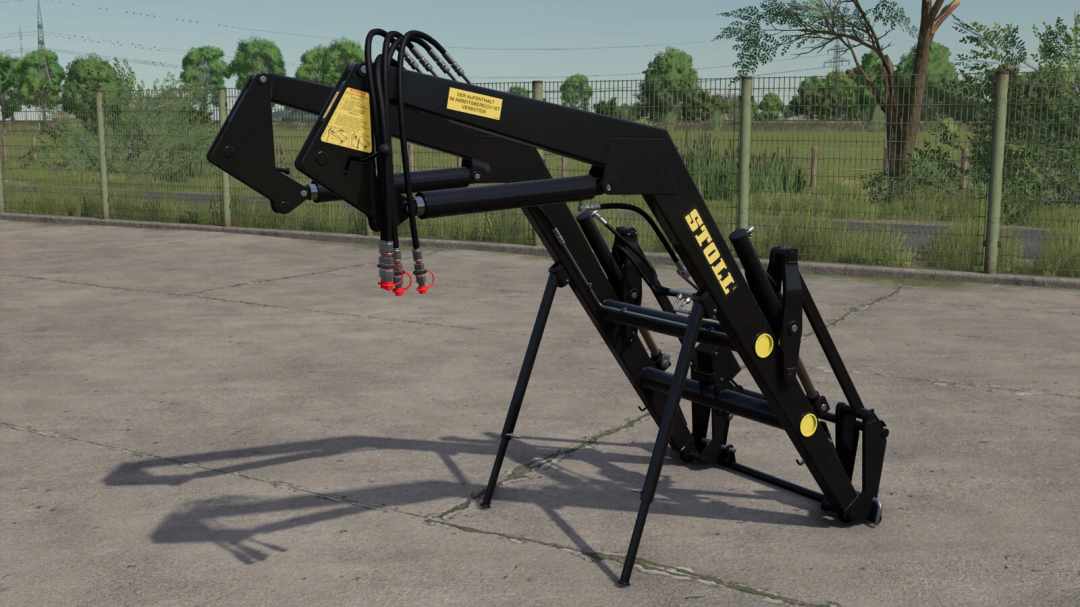 Farming Simulator 25 mod: Stoll Super 1 front loader attachment, black color, used for loading and lifting materials.