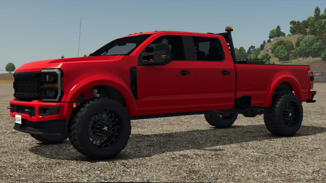 Red Superduty Pickup mod from Farming Simulator 25, featuring off-road tires, black wheels, and a rugged design.