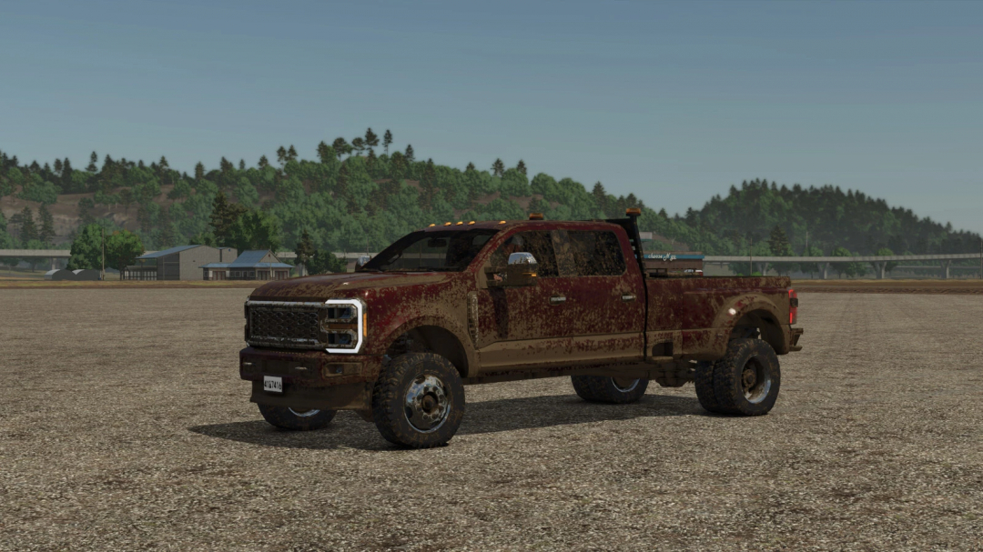 Dirt-covered Superduty Pickup truck in Farming Simulator 25, a mod for FS25 with rugged vehicle added to agricultural gameplay.