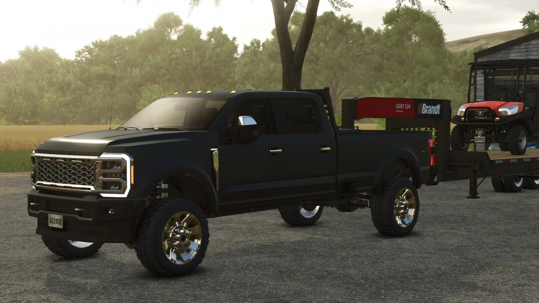 Farming Simulator 25 mods featuring a black pickup truck with a flatbed trailer carrying a red utility vehicle, part of the Superduty Pickup v1.2.0.0 mod.