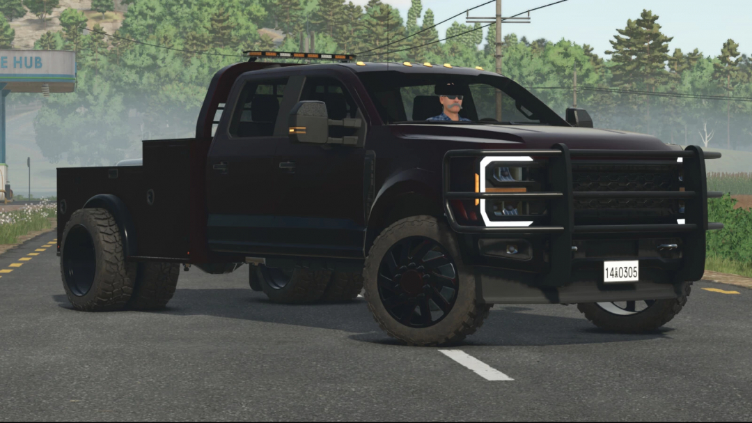 Farming Simulator 25 mod featuring the Superduty Pickup v1.2.0.0, a black off-road truck with rugged tires and a front grille guard, suitable for FS25 mods.