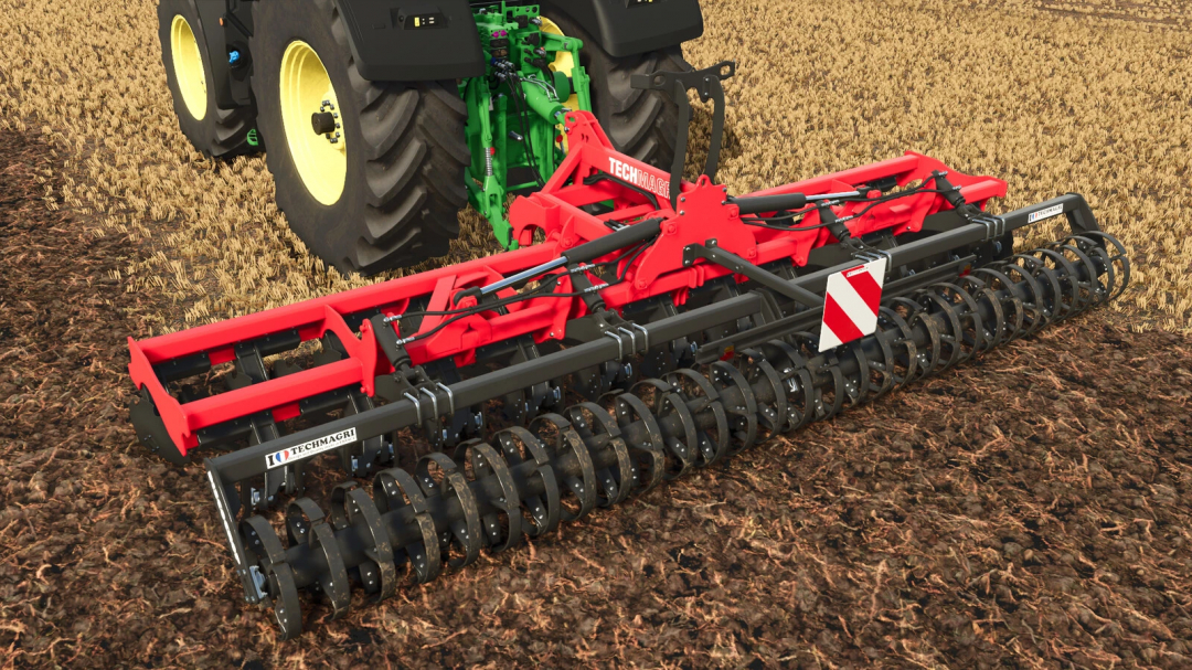 Farming Simulator 25 mod: Techmagri Discocrop 2000 attached to tractor, used for soil cultivation and crop preparation.