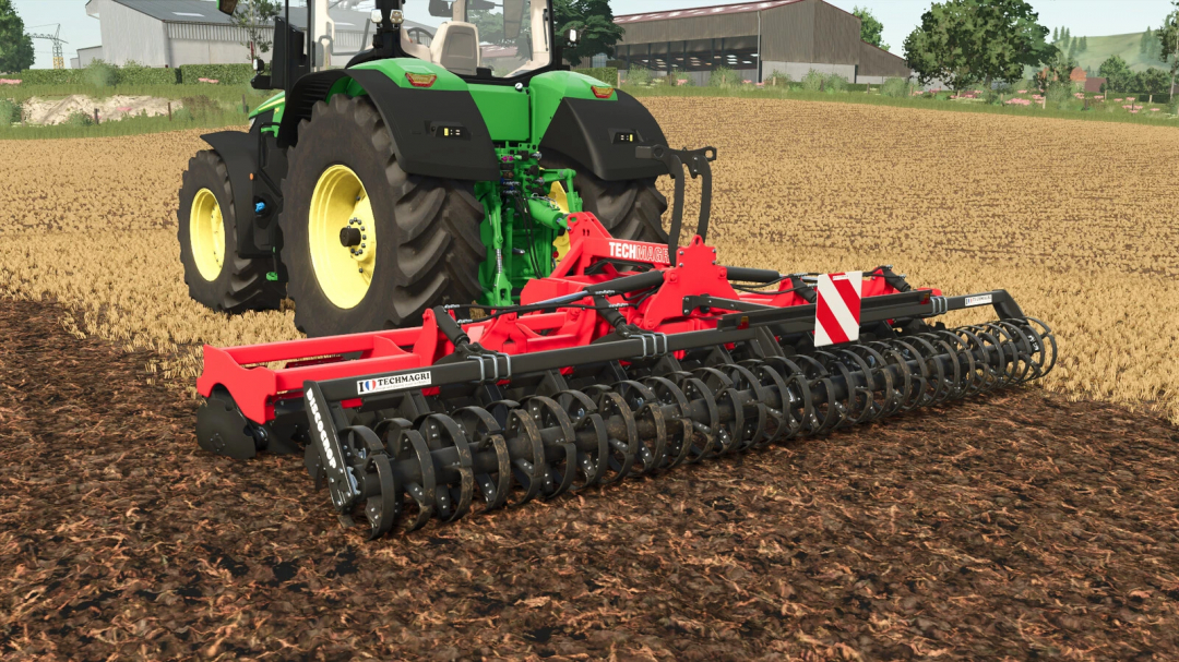 Farming Simulator 25 mod: Techmagri Discocrop 2000 attached to a green tractor on a farm field.