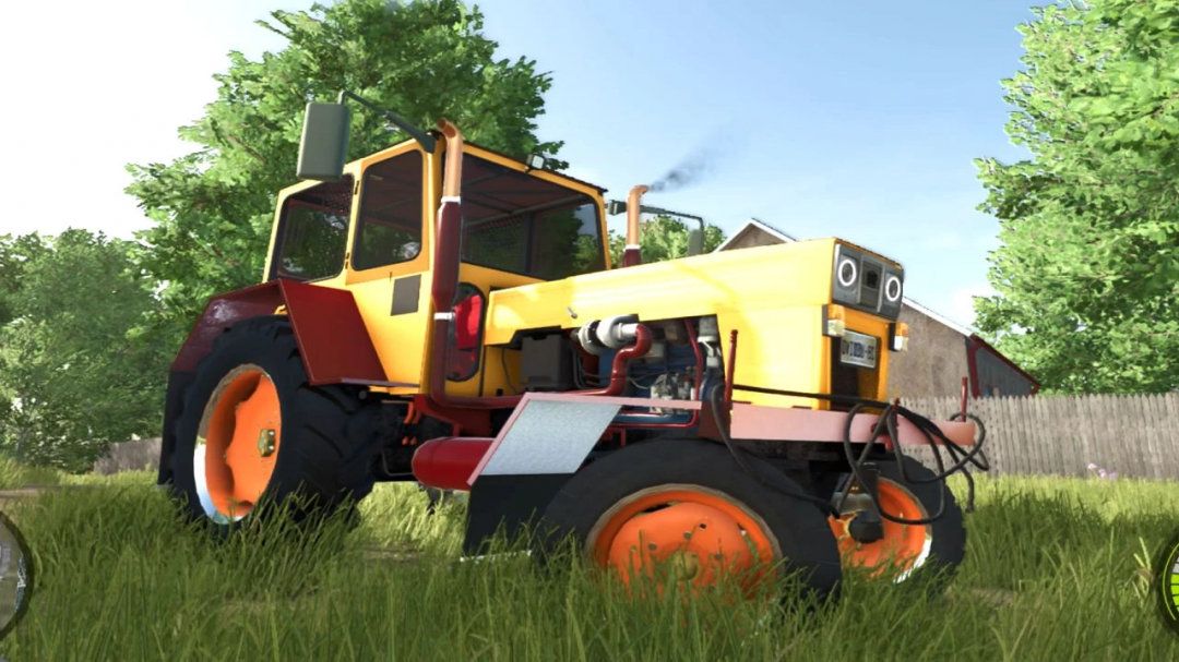 Farming Simulator 25 mod: UTB 650 configurable in-game tractor with bright yellow and orange colors, detailed engine, and farming accessories.