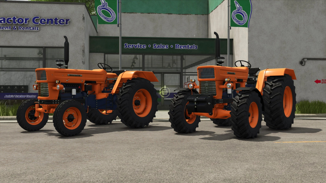 Two orange tractors parked outside an equipment store in Farming Simulator 25, showcasing FS25 mods, including the UTB Universal 650.