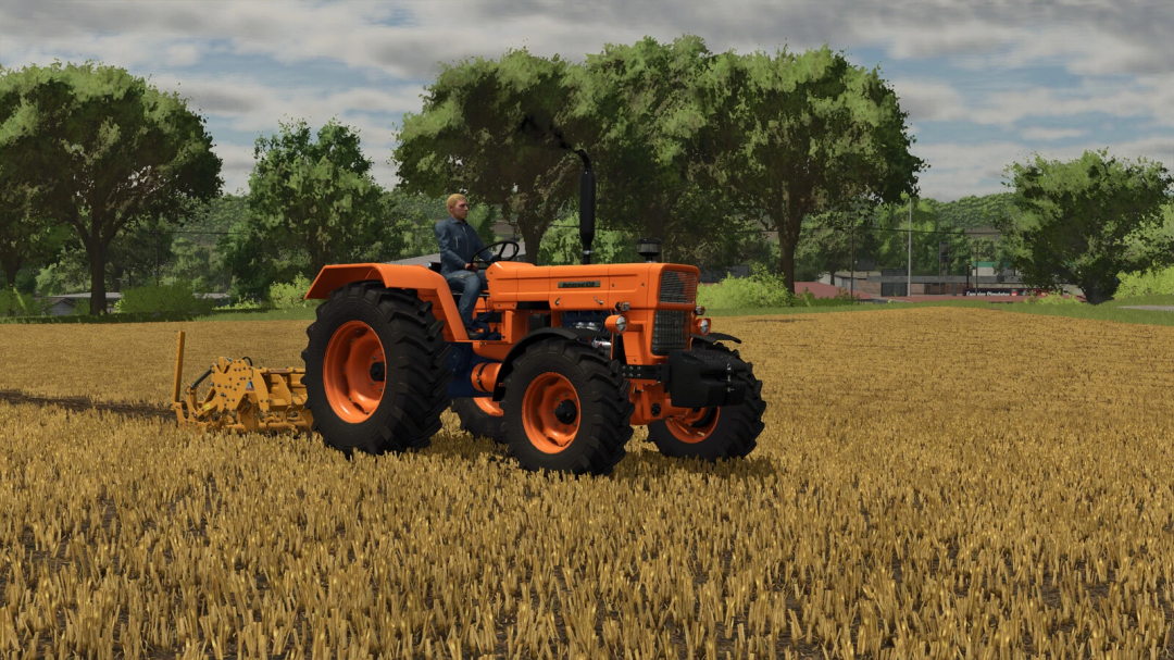 Farming Simulator 25 mods: orange tractor with a mounted equipment working in a wheat field, realistic farming scene.