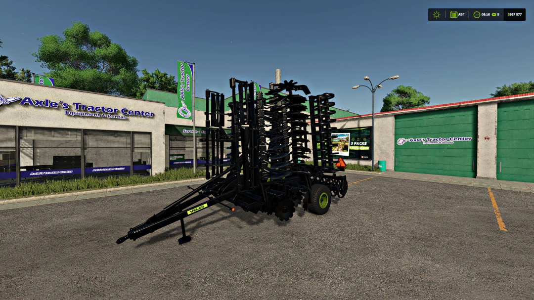 Farming Simulator 25 mod: VELES AN-8BD Black Edition crop sprayer parked outside Axle's Tractor Center.