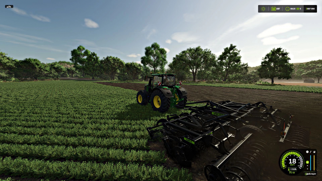 Farming Simulator 25 mod: VELES AN-8BD Black Edition tractor with cultivator attachment working on farmland.