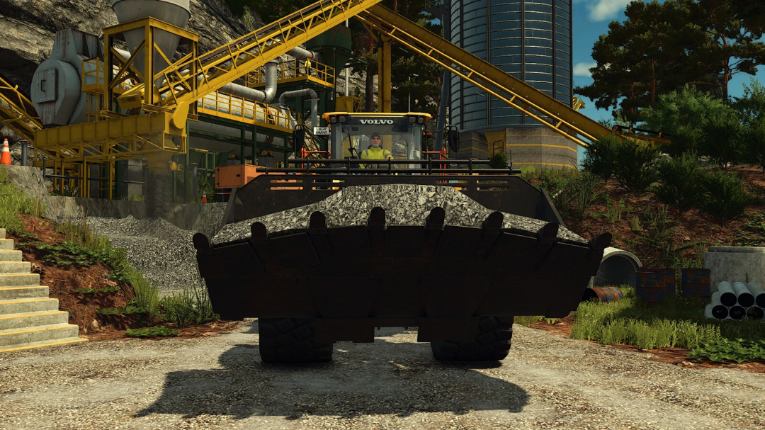 Farming Simulator 25 mod featuring a Volvo L260 wheel loader at a construction site, with industrial equipment and construction materials.