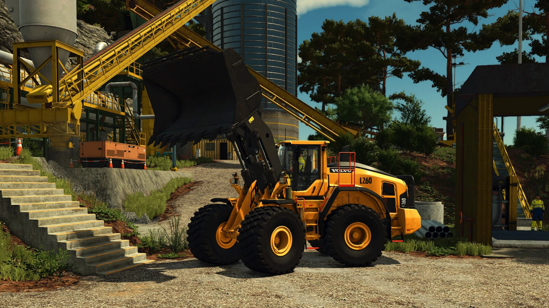 Farming Simulator 25 mod: Volvo L260 wheel loader at a construction site with industrial equipment and workers.