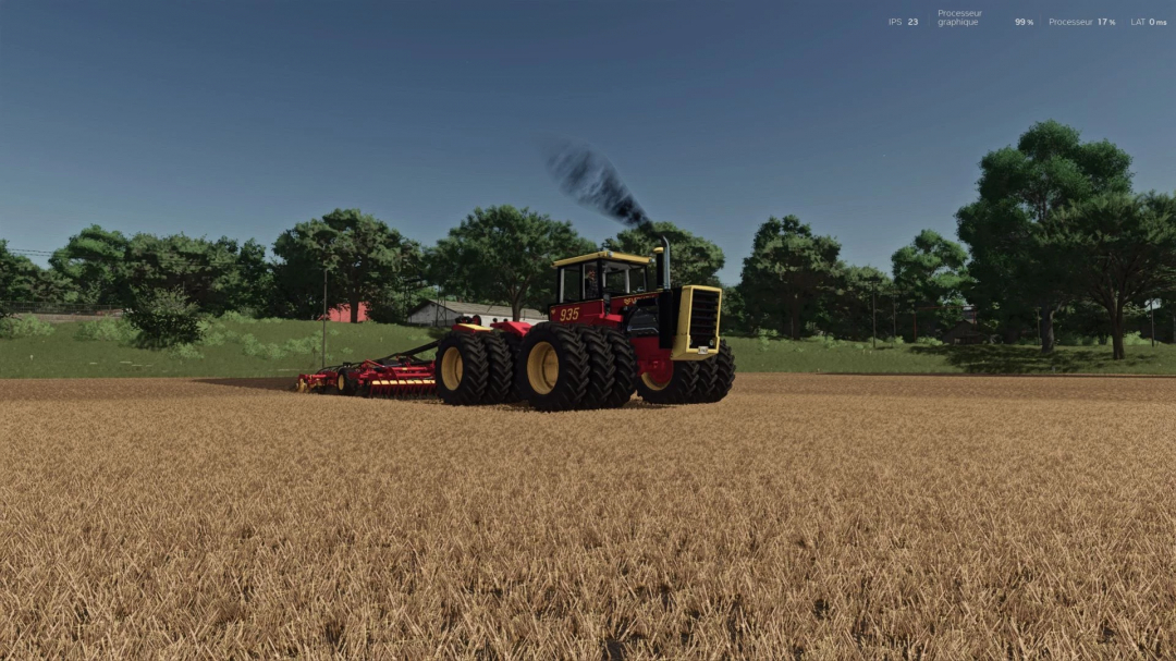Farming Simulator 25 mod: Versatile 935 tractor working on a wheat field with a seed drill, realistic farm scene in the background.