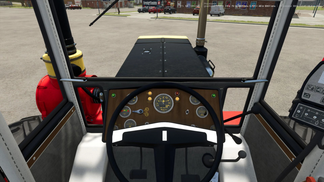 Interior view of a tractor from Farming Simulator 25, featuring the dashboard and steering wheel with mod details for the Versatile 935.