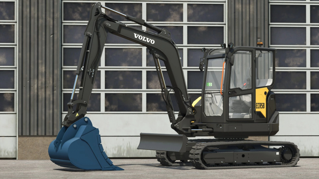 Farming Simulator 25 mod featuring a Volvo ECR58F mini excavator with a blue bucket, ideal for farming and construction tasks in FS25.