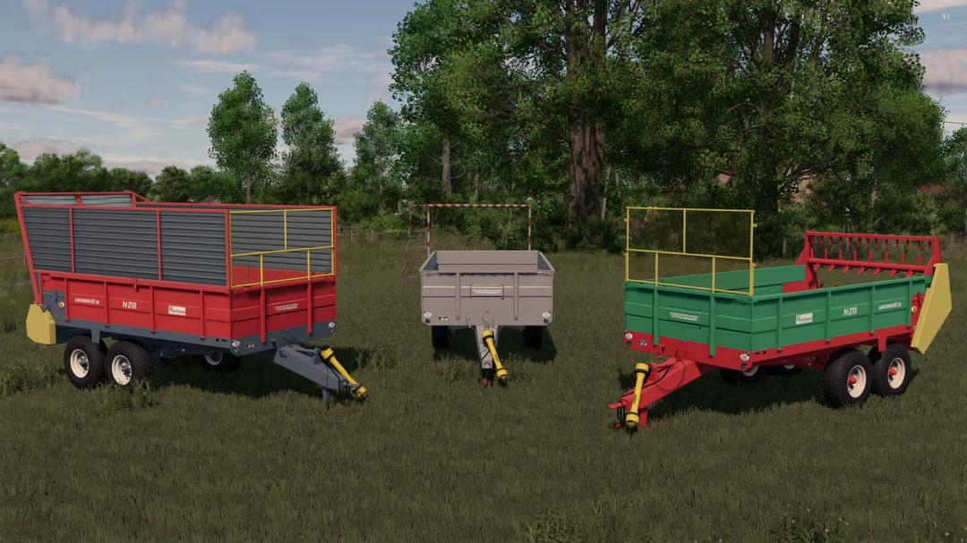 Farming Simulator 25 mods featuring Warfama N218 trailers with side panels, used for transporting goods in FS25.
