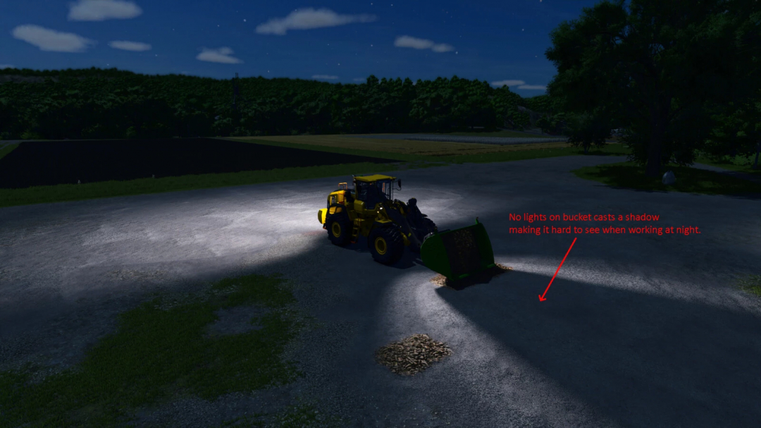 Farmer using a wheel loader with shovel at night in Farming Simulator 25, with shadows cast by the bucket's lack of lights affecting visibility.