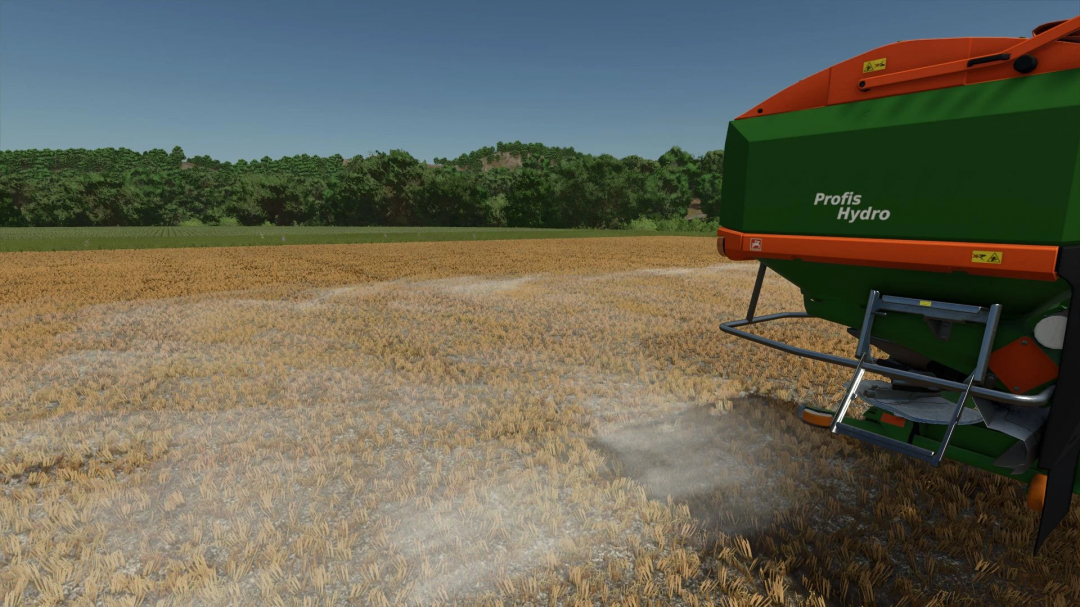 FS25-Mod Amazone ZA-TS 3200 im Einsatz, beim Düngen eines großen Feldes.