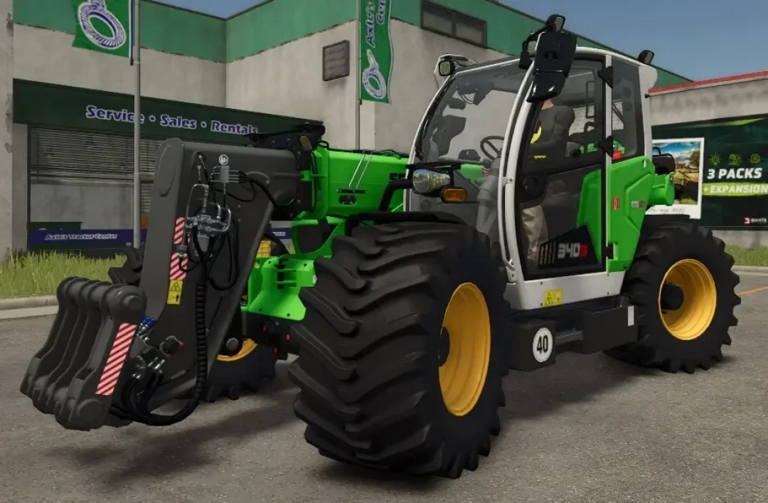 Mod FS25 Sennebogen 340G com pneus largos e aros e chassis de cor personalizáveis no Farming Simulator 25.