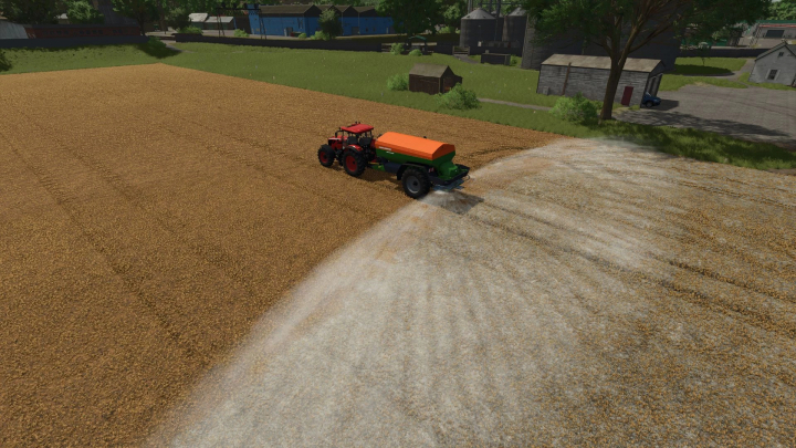 fs25-mods,  FS25 mod Amazone ZG-TS 10001 espalhando fertilizante em um campo no Farming Simulator 25.