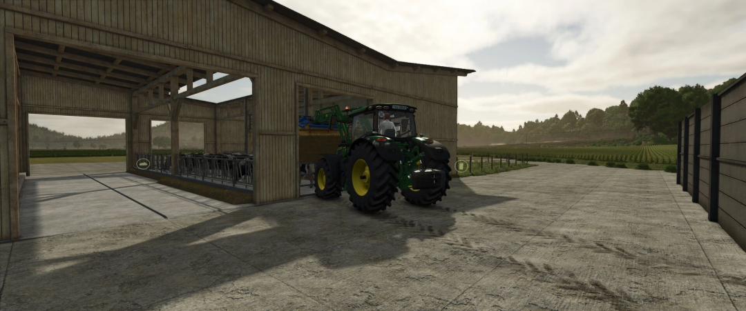 FS25 mod showcasing the Cowbarn Oldenfarm with a tractor in a rural setting.