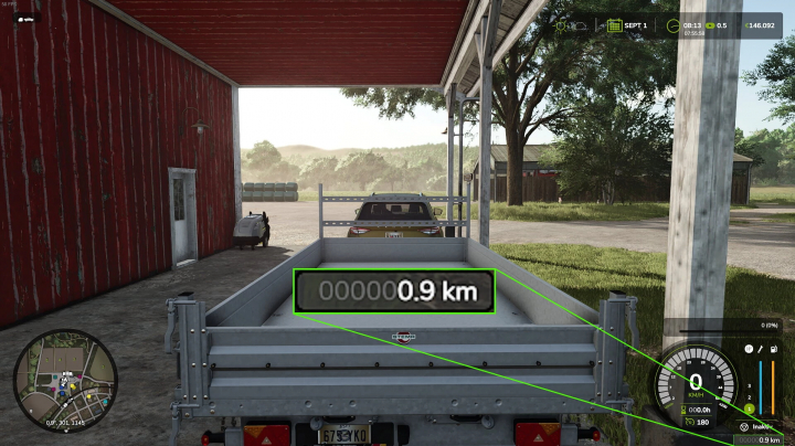 fs25-mods,  FS25 mod Mileage Counter v1.0.0.0 displayed on trailer, showing 0.9 km traveled.