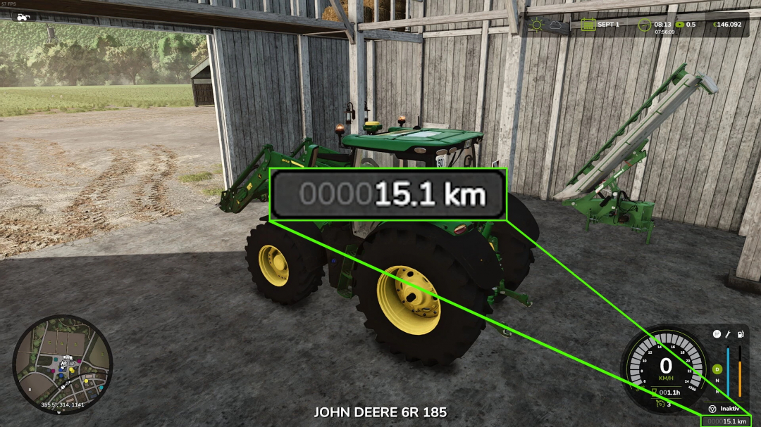 FS25-Mod Mileage Counter v1.0.0.0 zeigt 15,1 km Traktorstrecke in einer Scheune in Farming Simulator 25 an.