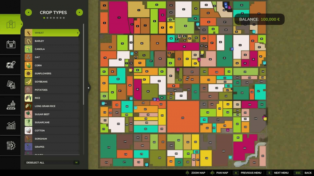 FS25 US Flatlands Map 4x v1.2.1 showing diverse crop fields in various colors for crop management.