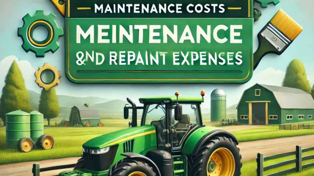 FS25 mod Reduced Maintenance Costs v1.0.0.0 featuring a tractor and farm background with gears highlighting maintenance savings.