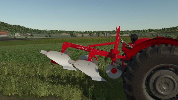 fs25-mods,  IMT 756 plow attached to a tractor in FS25 mod, Farming Simulator 25 mods in a lush field.