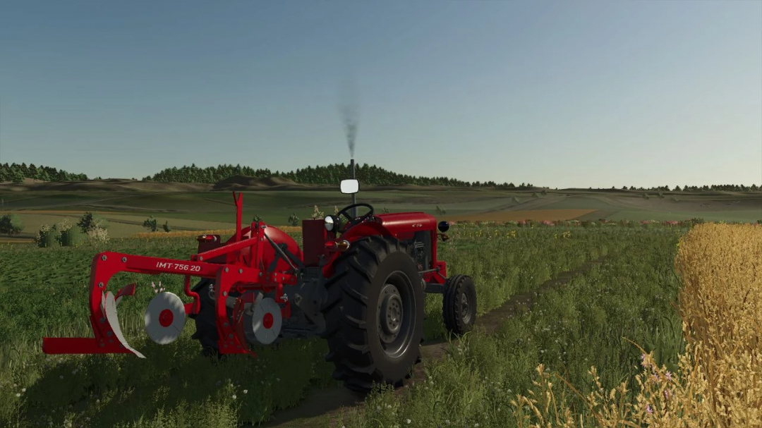 IMT 756 tractor mod in Farming Simulator 25 on a field, highlighting realistic graphics and gameplay features.