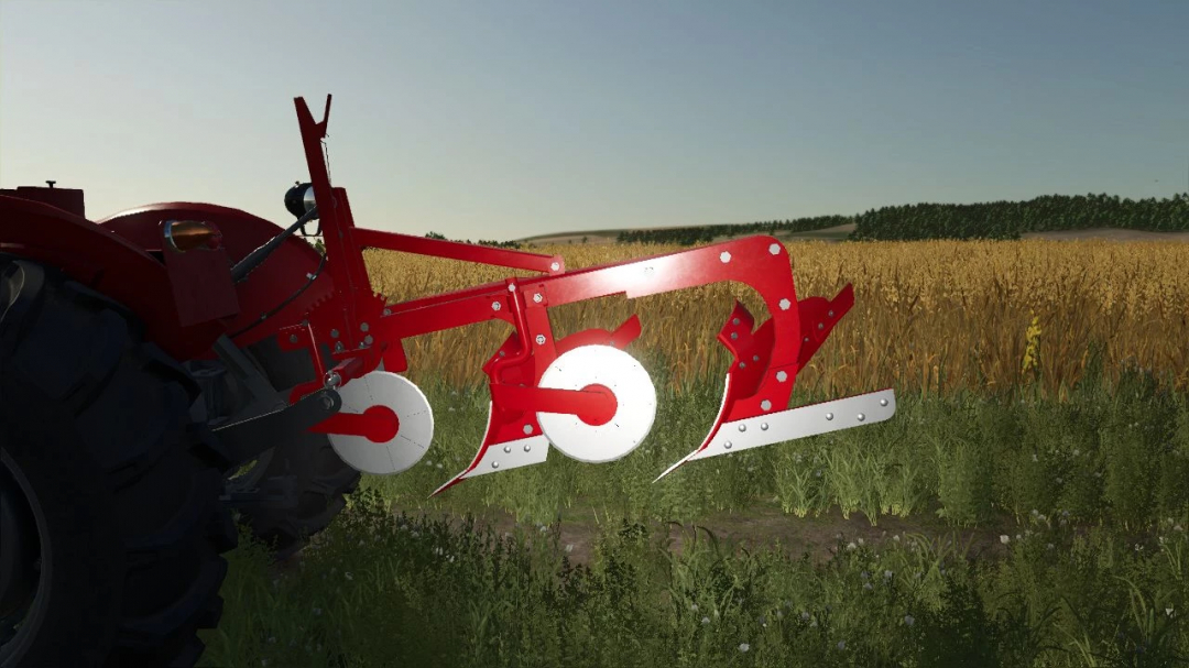 FS25 mod IMT 756 v1.0.0.0, red agricultural plow attached to a tractor in a field setting.