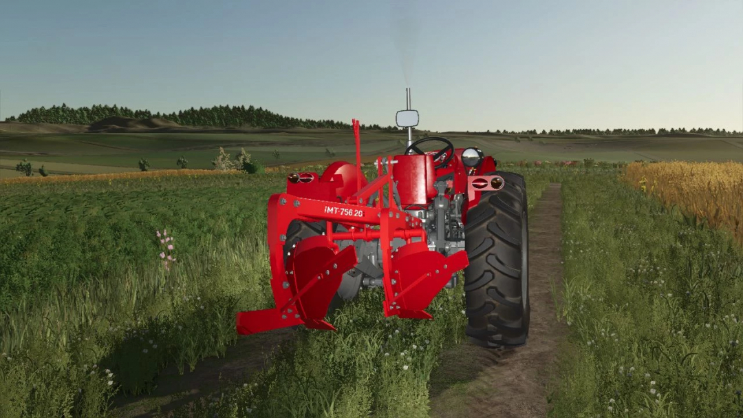 IMT 756 v1.0.0.0 mod for Farming Simulator 25, featuring a red tractor on a dirt path in a lush green field.