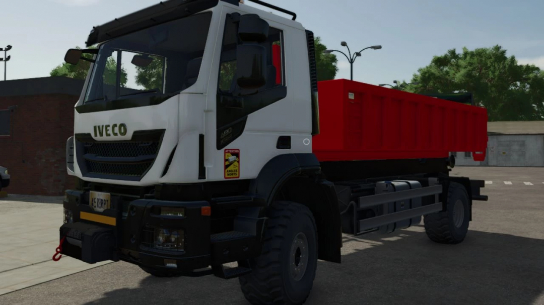 Iveco X-Way ITRunner mod in FS25, featuring a white truck with a red container.